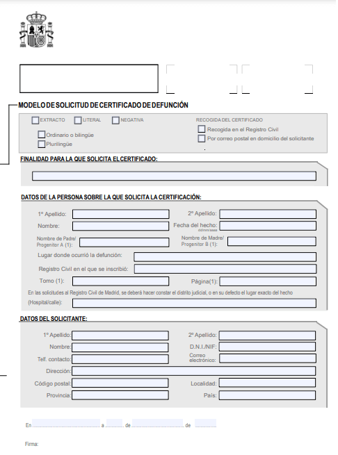 Modelo de solicitud del certificado de defunción